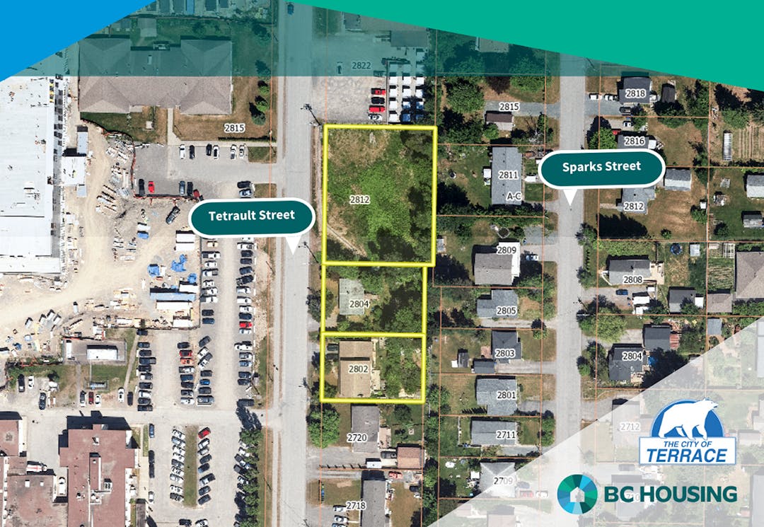 Aerial map view highlighting three properties at 2812, 2804, and 2802 Tetrault Street in Terrace, B.C., outlined in yellow.
