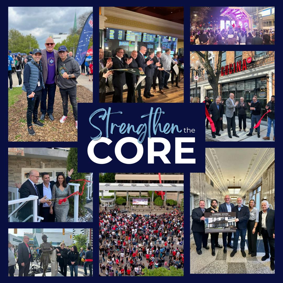 Collage of photos from downtown Windsor events with WORD: Strengthen the Core in the middle in a blue box background.