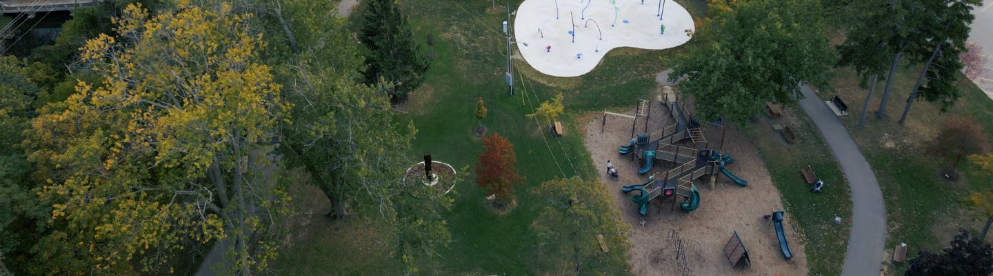 Drone footage of Kingsville's Lakeside Park playground and splashpad