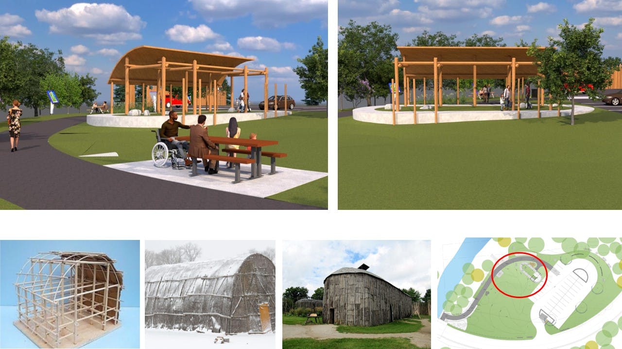 A contemporary interpretation of a longhouse structure that will provide shade and a programming space.