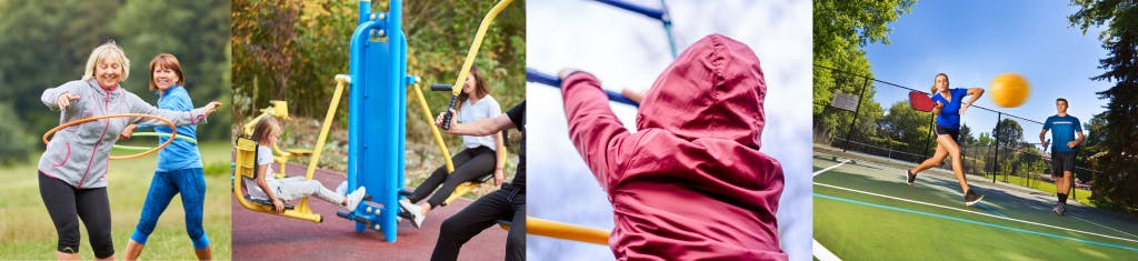 Images of two women hula hooping, a mother and daughter on fitness equipment, a child climbing and a couple on sport court