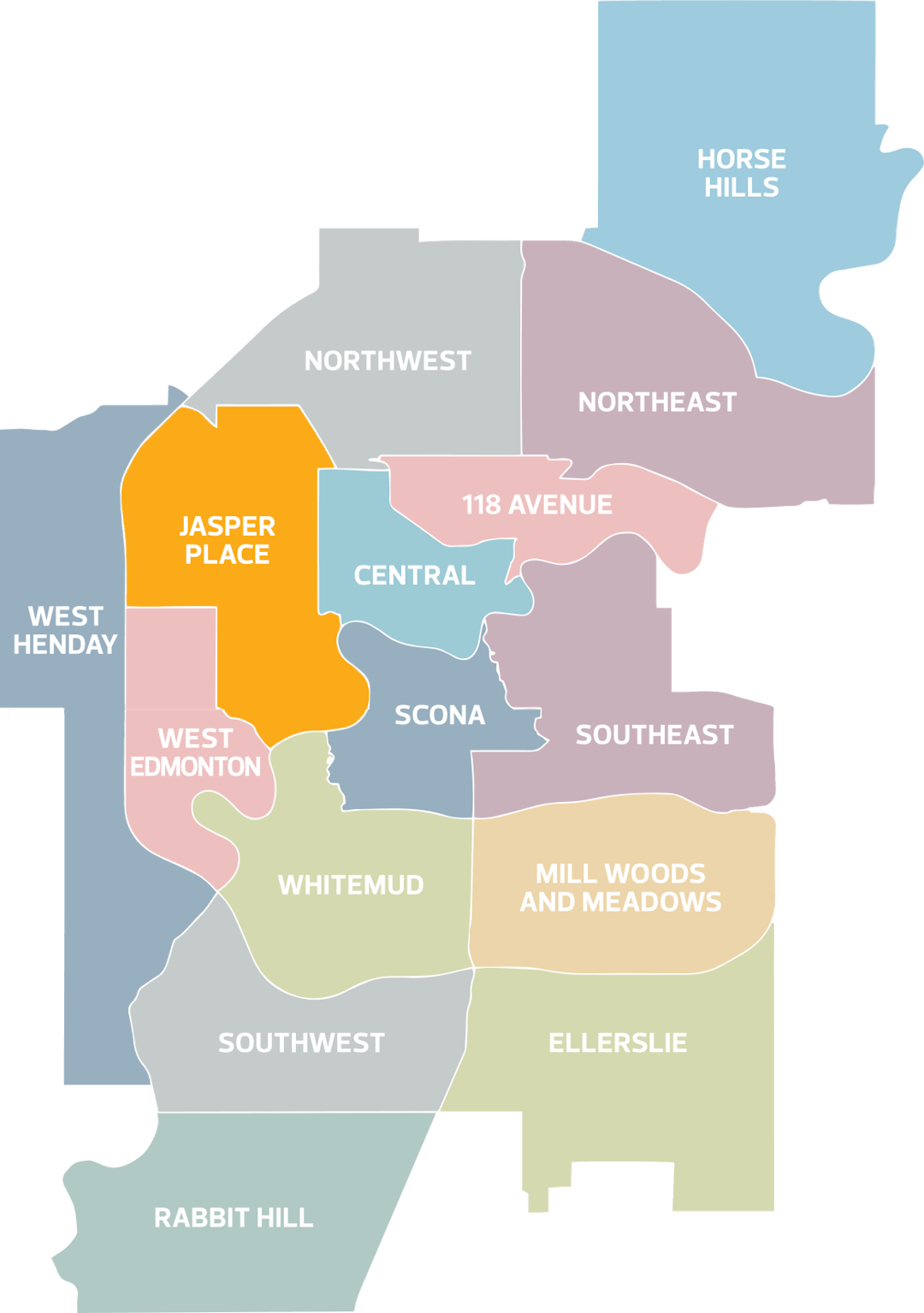 Highlighted Jasper Place district within image of all 15 Edmonton districts