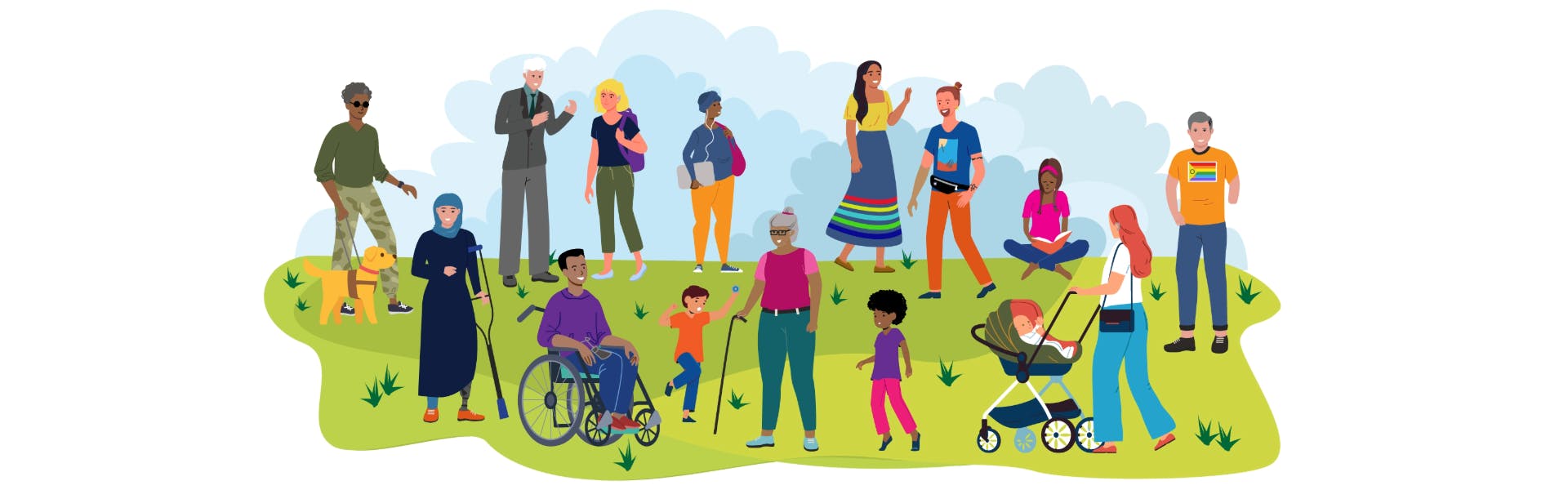A graphic showing a diverse community including people of different colour skin, ages, ethnicity and physical ability.