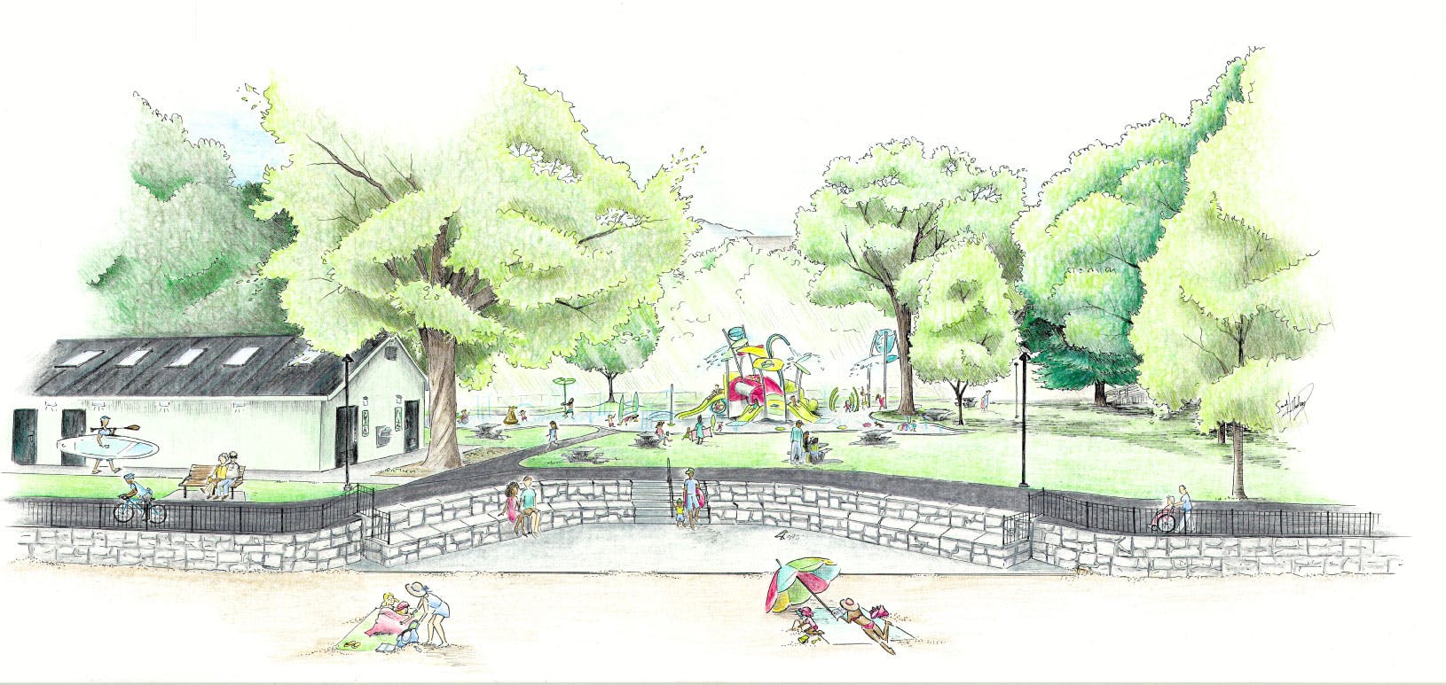 Perspective Drawing of new dike, splash park and pathway at Riverside Park