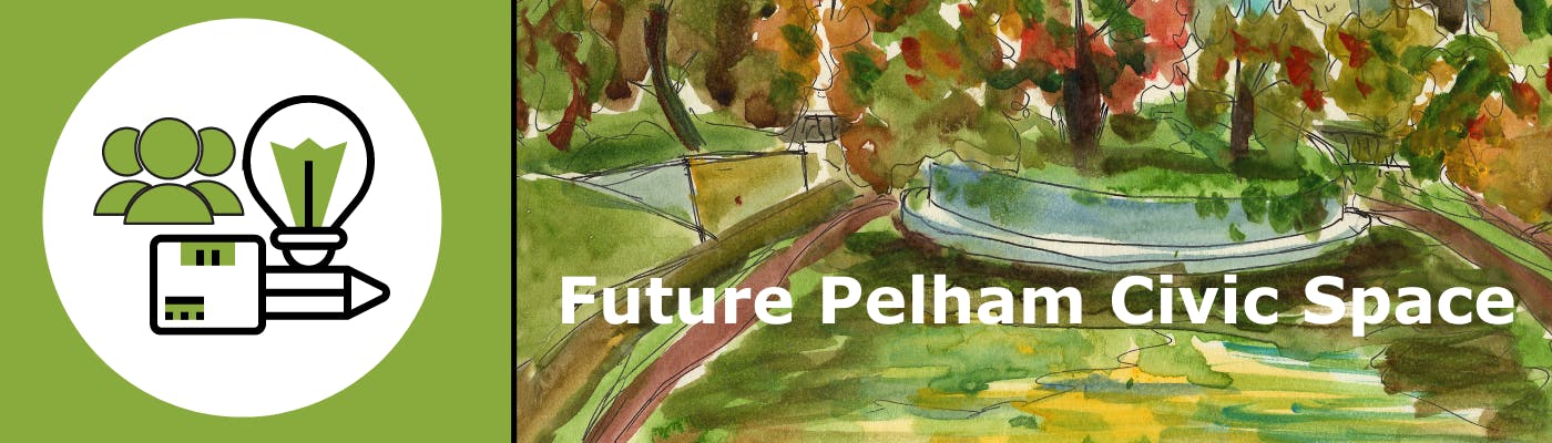 Graphic of people with lightbulb and artist inspired image of park with text Future Pelham Civic Space