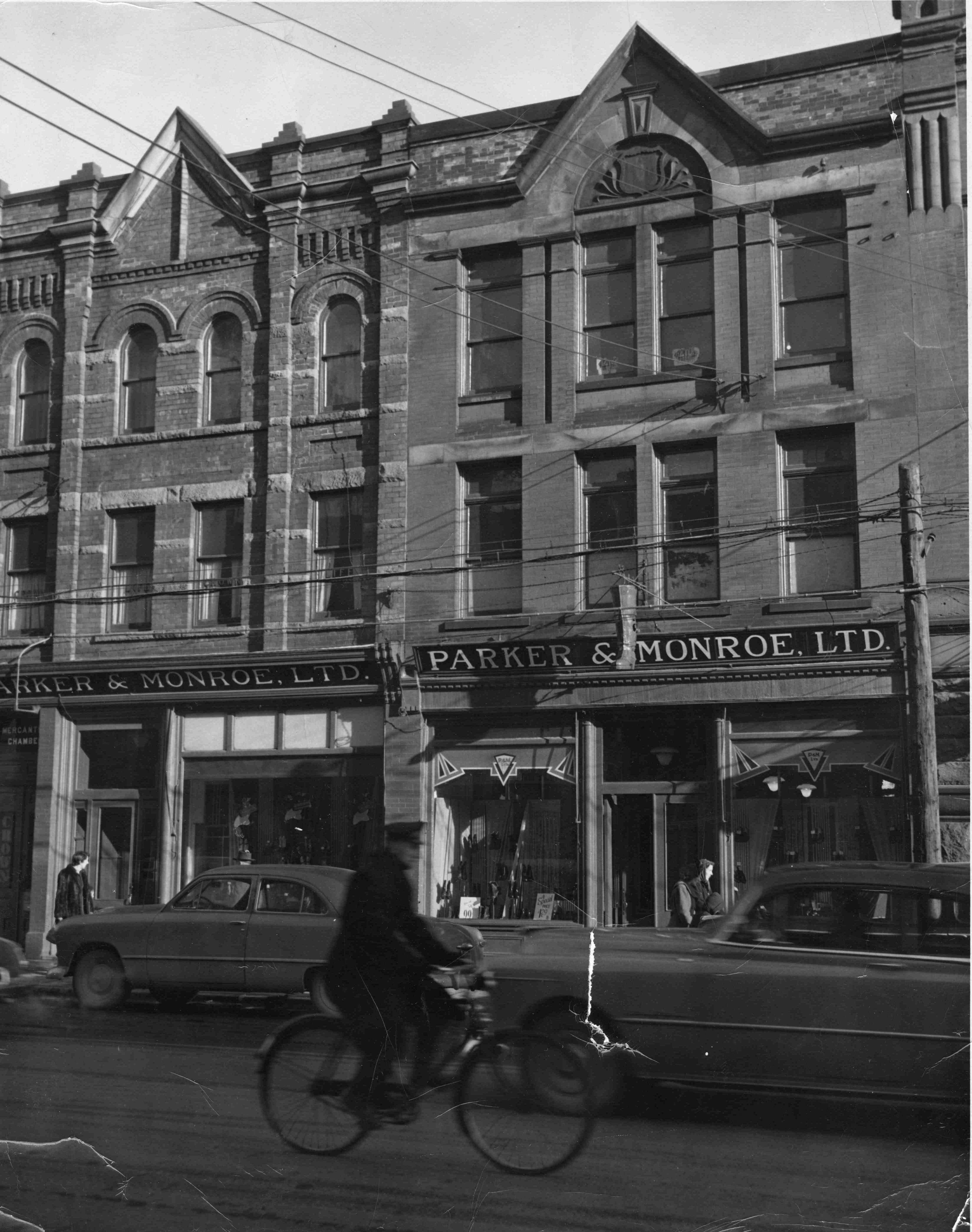 1940's: Exterior of the Parker and Monroe store located at 193-195 Water Street