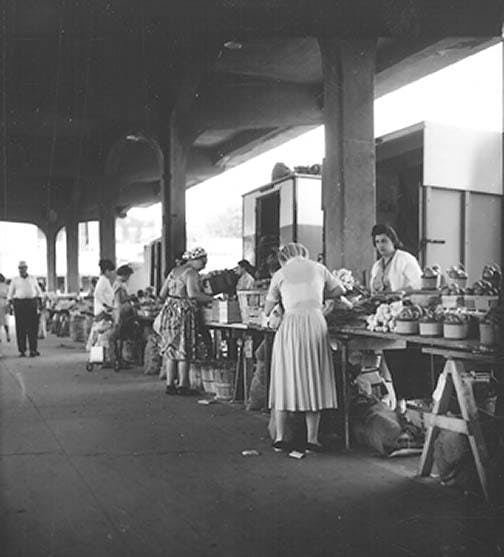 Étals extérieurs du marché Jean-Talon, été 1963