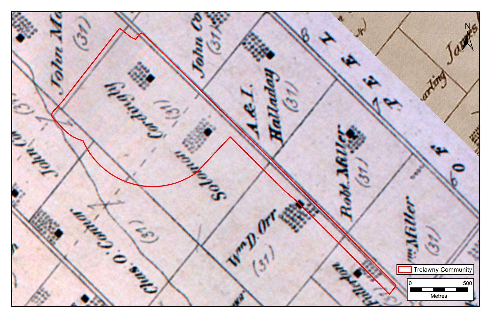 Location of Trelawny Community on historical mapping from 1880