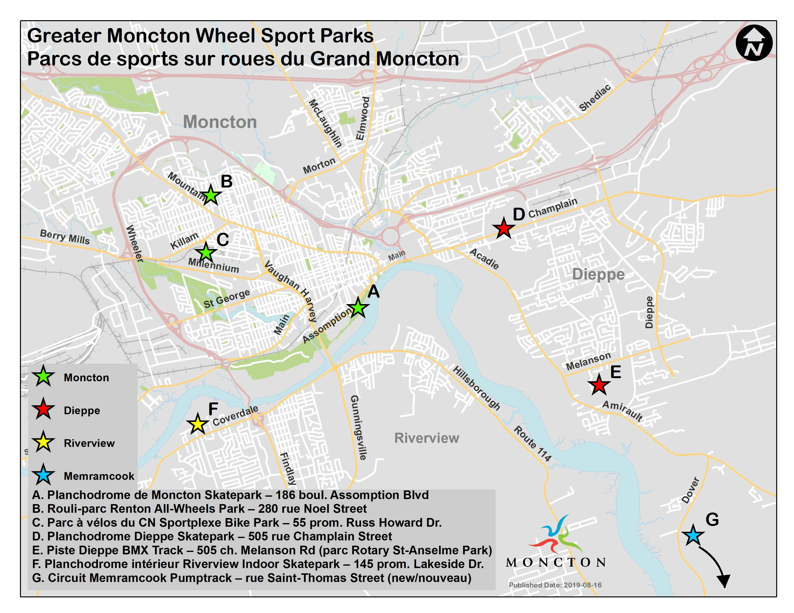 Carte - rouli-parcs et planchodromes dans le Grand Moncton