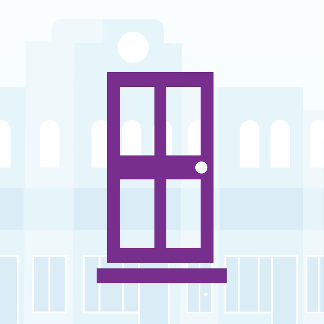 Growth, Settlement, Housing and Employment focus area logo a purple door with a greyscale cityscape background