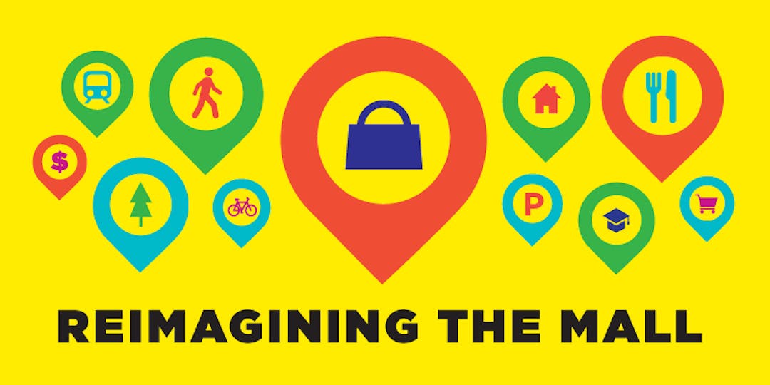 Reimagining the Mall Logo - Google Location Symbols with symbolizing transit, banks, parks, libraries, cycling, houses, restaurants, parking, schools, grocery stores and of course, malls.