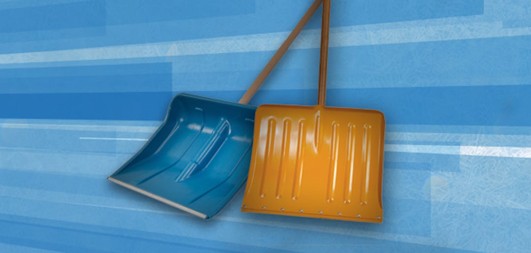 two winter shovels - one blue, one orange