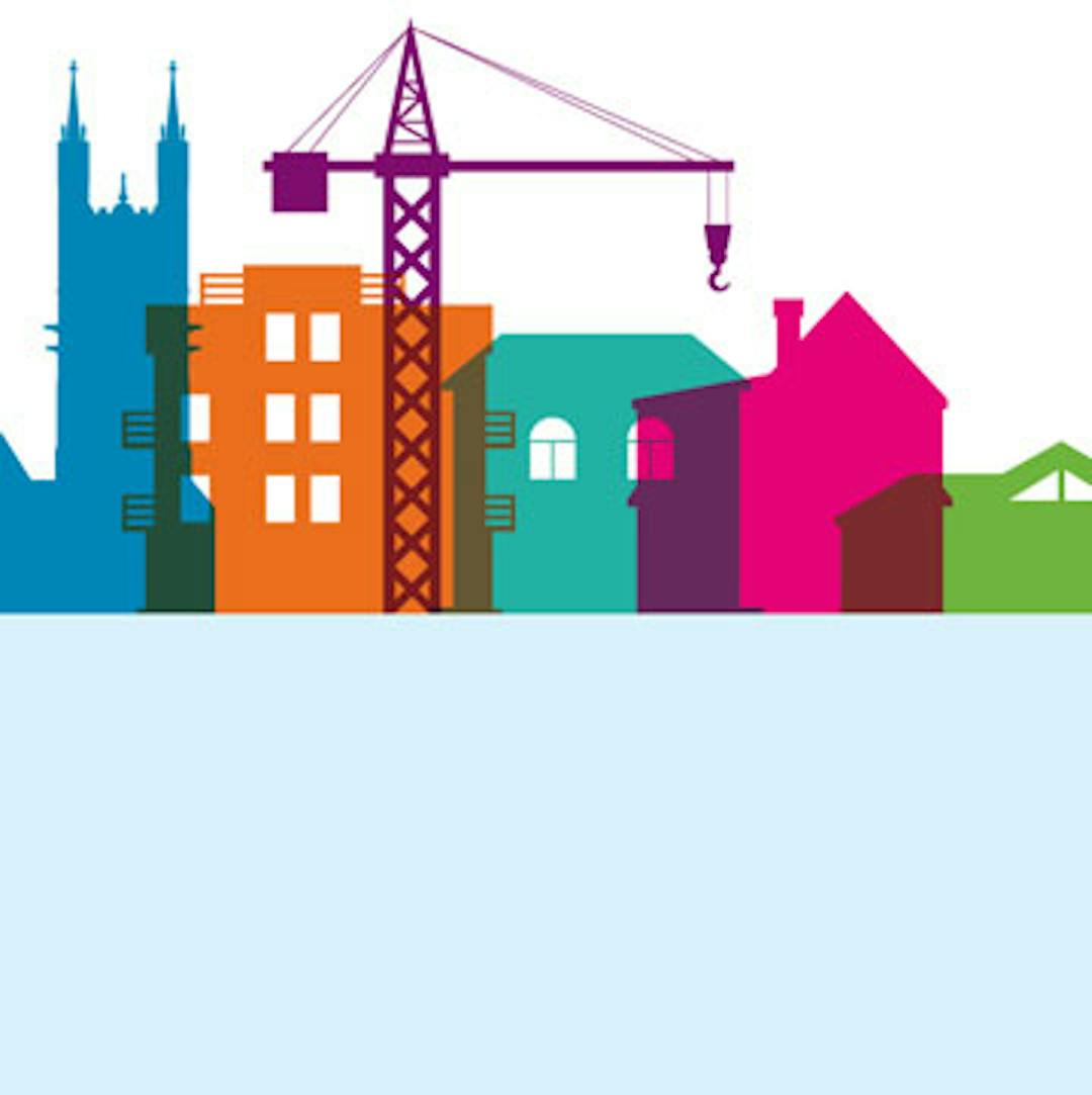 Multi-colour images of different types of silhouetted buildings including houses, one with chimney, multi-storey highrise with windows, basillica, and silhouetted crane standing in front of all buildings. 