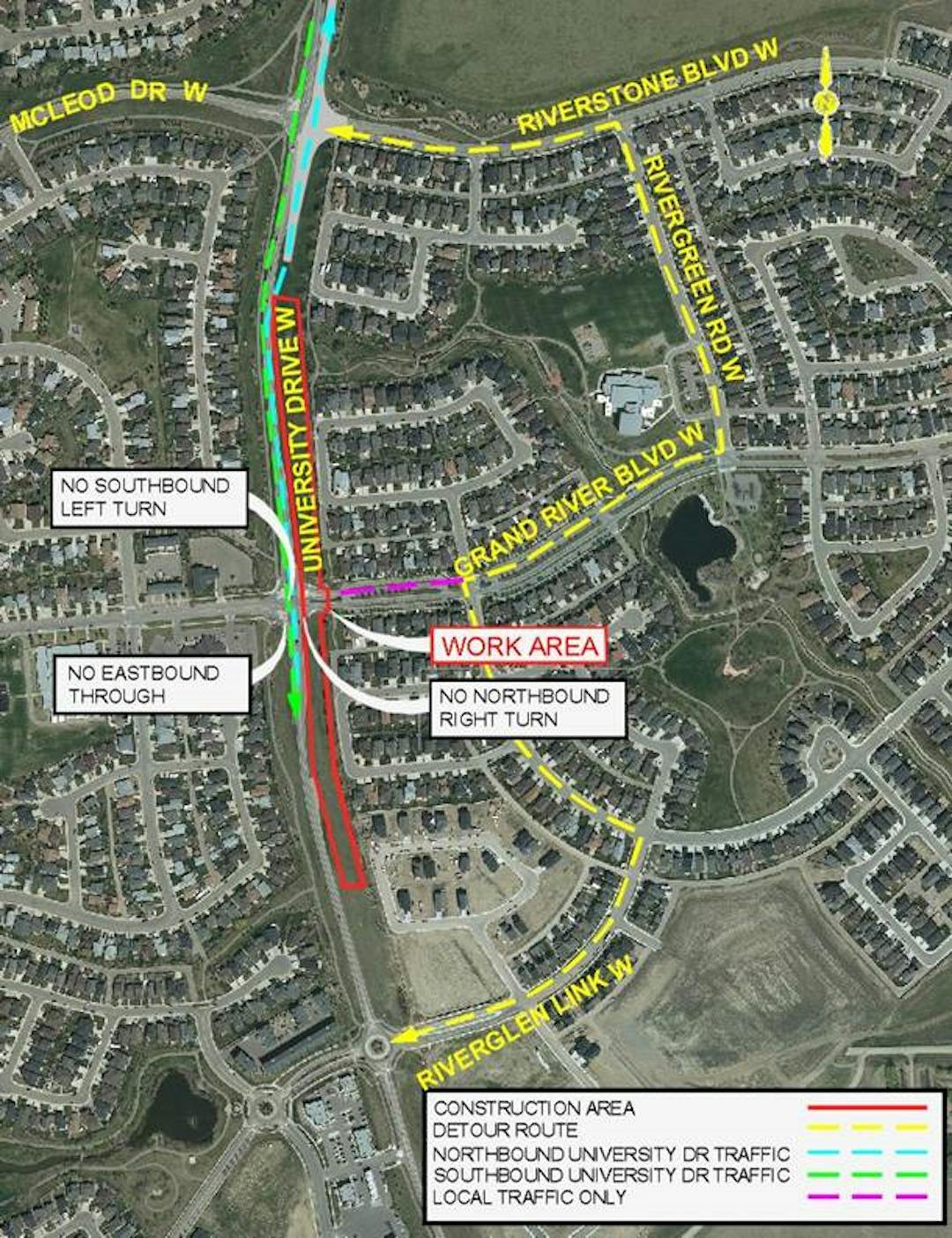University Drive Twinning June Update Detour map for Phase 4 - Closure of Grand River Blvd West