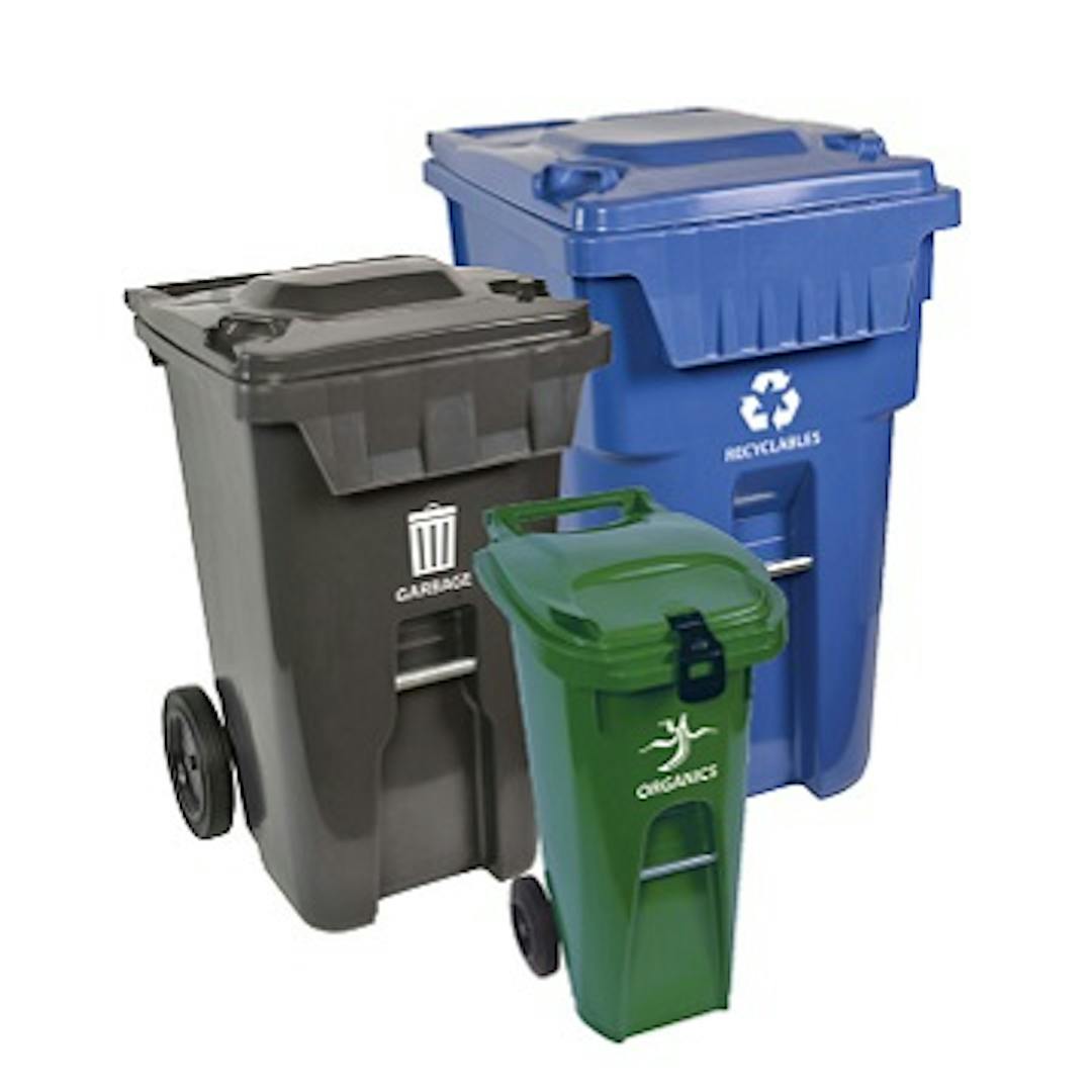Picture of three curbside waste recycling bins. large size is blue, medium size is grey, small size is green. 