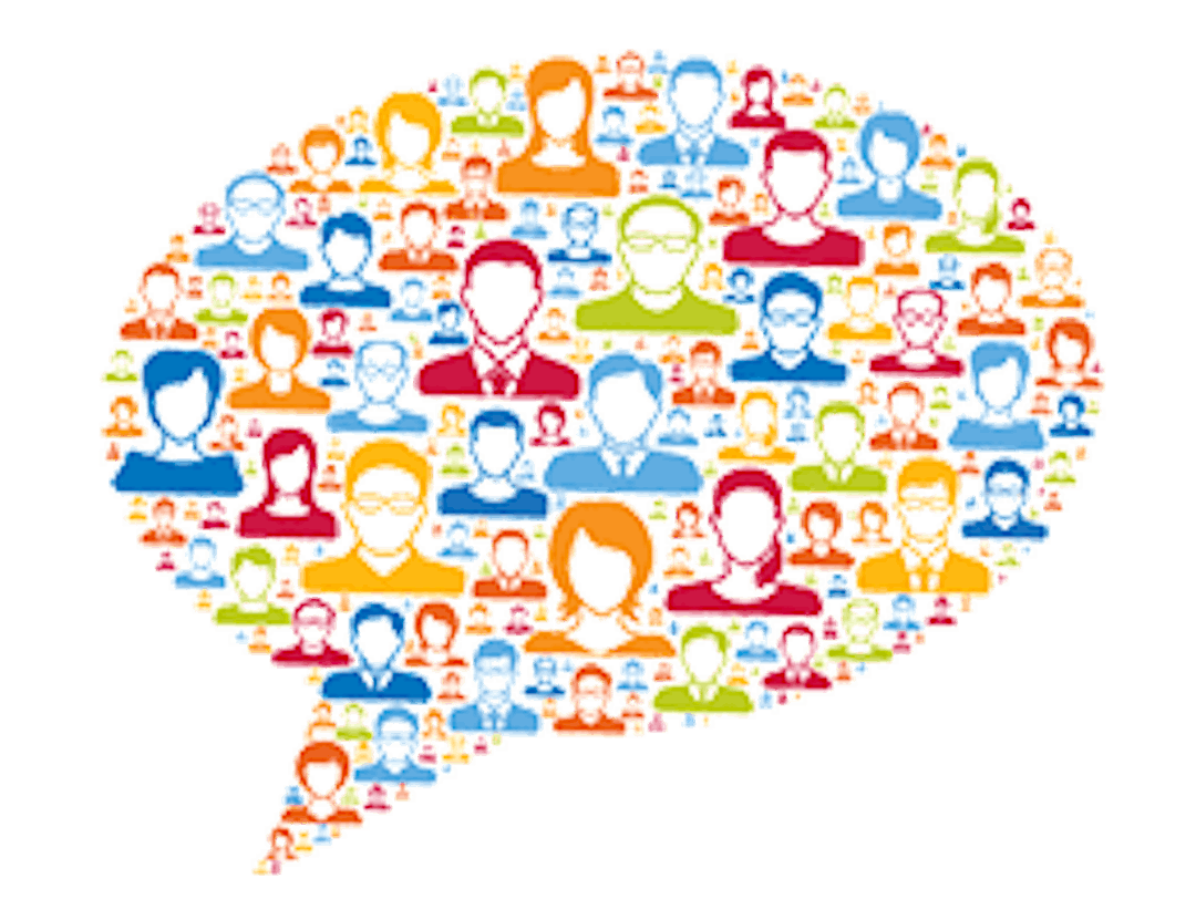 We'd like to hear from you! Speech bubble with many people inside it.