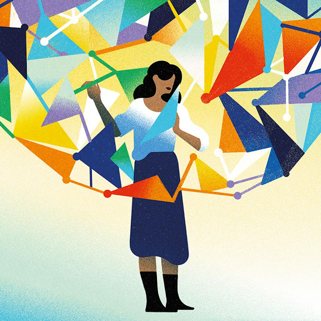 An illustration of a woman standing in the middle of colourful triangles to convey that data is all around us.