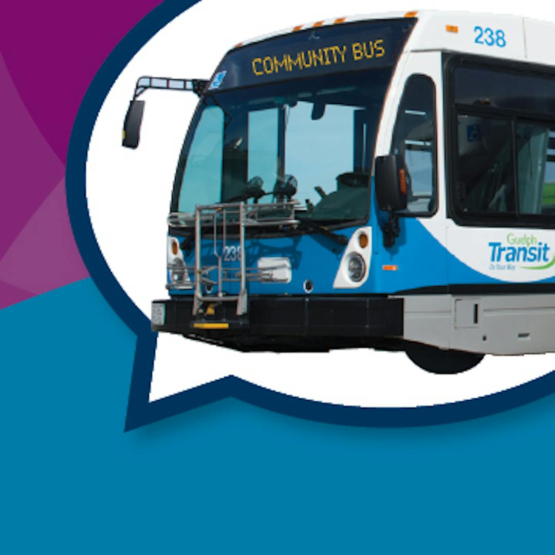 A Guelph Transit Community Bus picture inside of a speech bubble. 