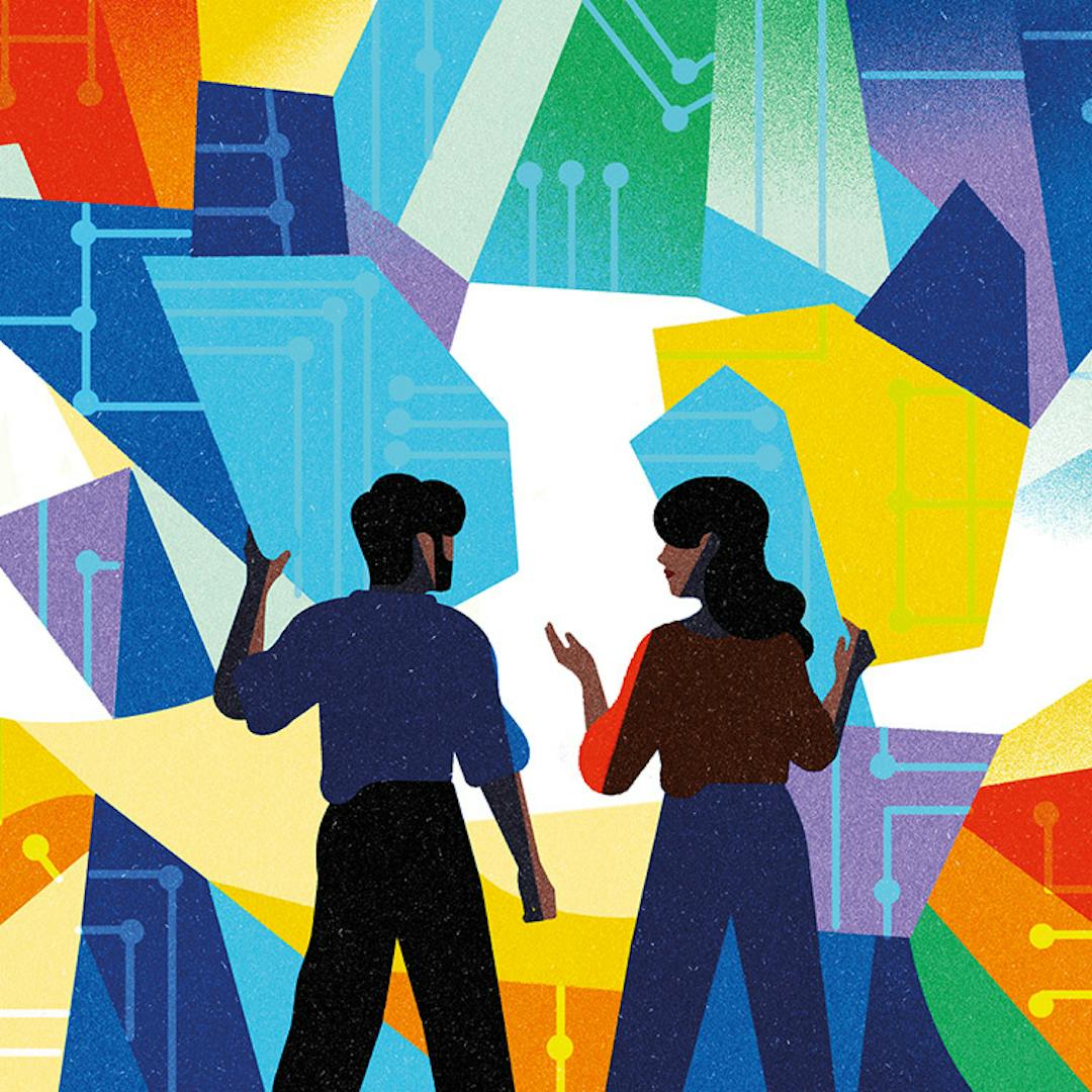 An illustration of a man and woman putting together pieces of a puzzle.