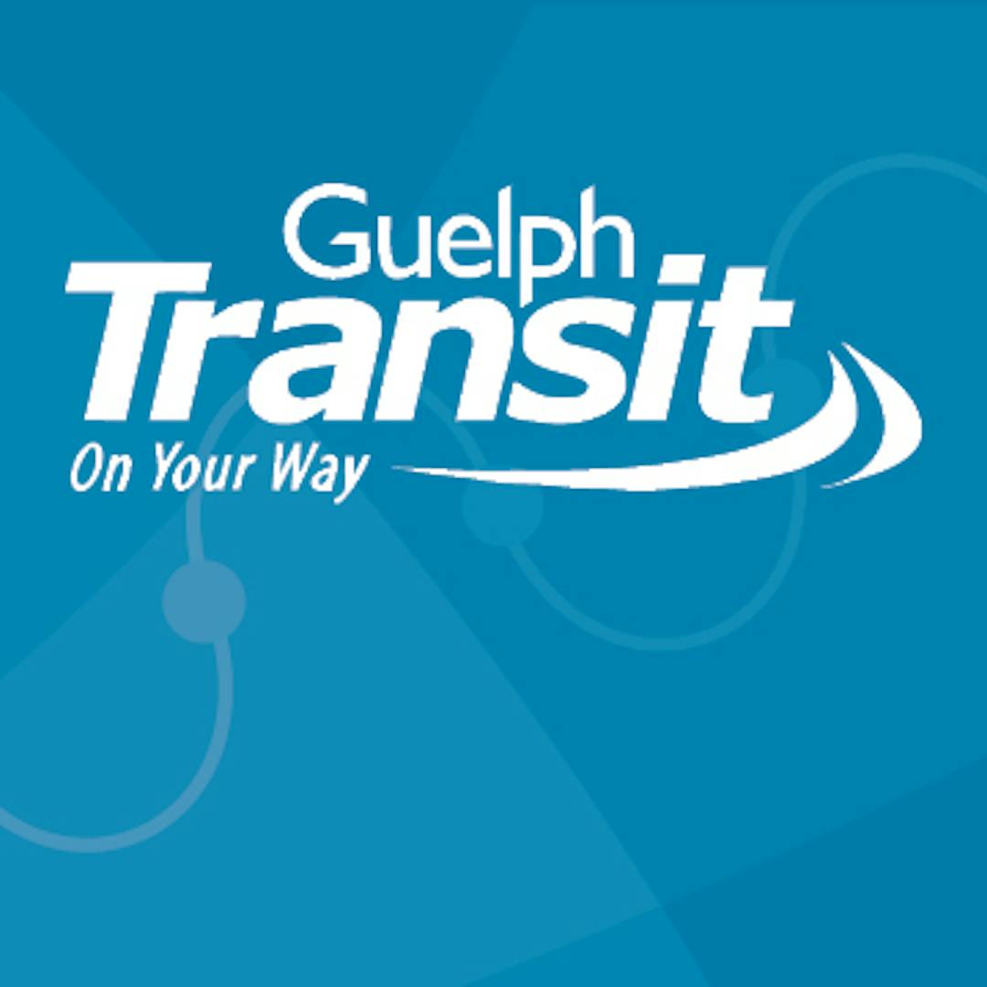 A blue geometric design with the text  "Guelph Transit - On your way" across the image.  