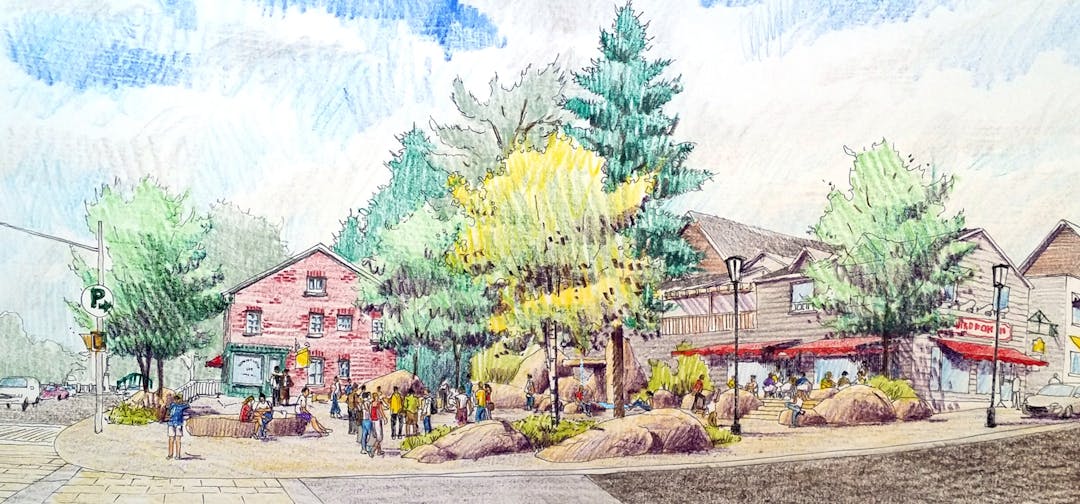 Illustration of the proposed Kent Park design - rocks, trees and area for pedestrians.