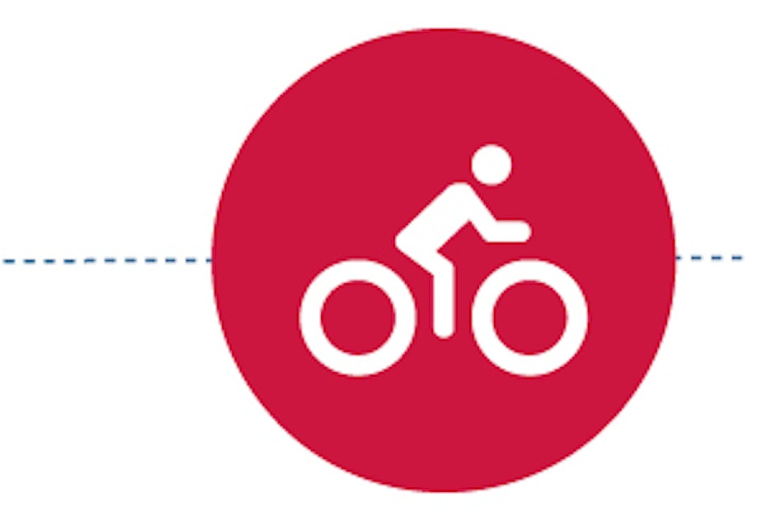 An icon of a cyclist within a red circle.